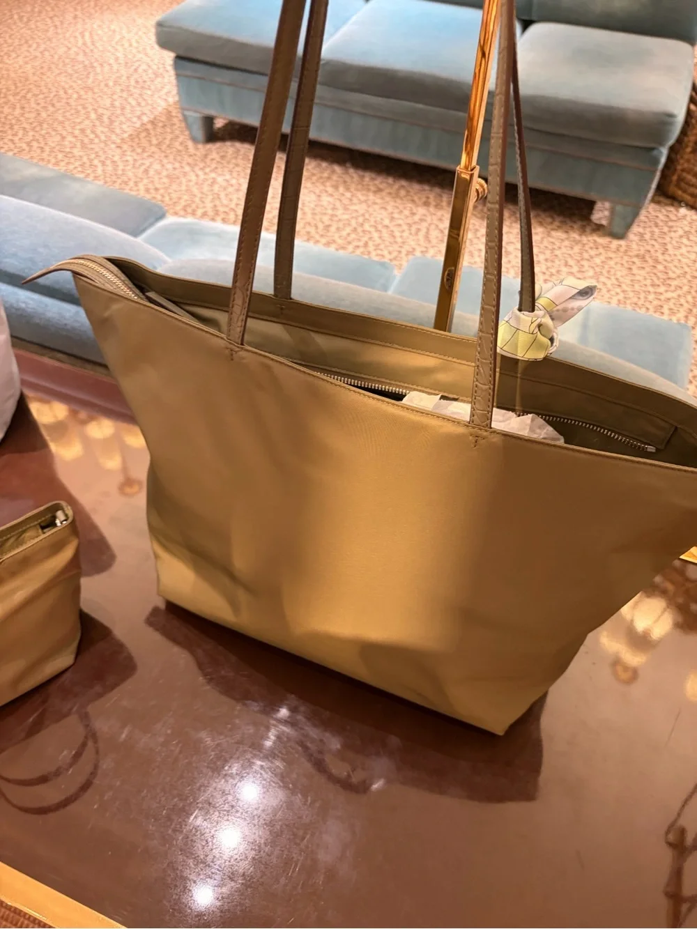 Tory Burch Green khaki Tote nylon tote bag zip closure logo accent gold in Large